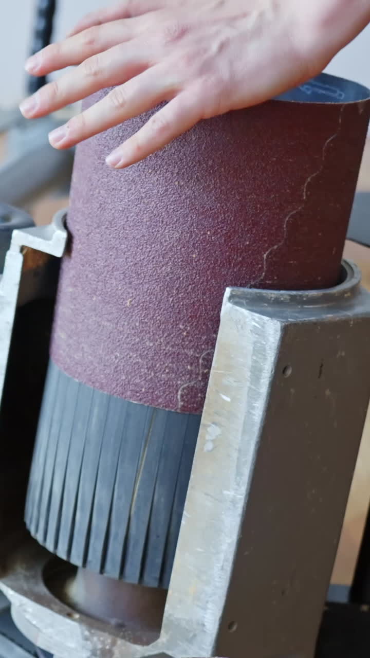 Putting sandpaper on sanding machine to DIY home floor