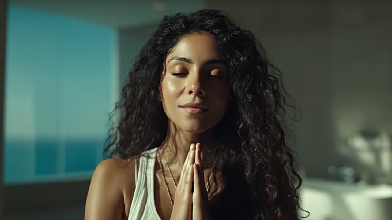 Un Momento Sereno di Consapevolezza: Una Giovane Donna Pratica la Meditazione con Occhi Chiusi e Mani in Posizione di Preghiera, Catturando Pace Interiore e Calma in una Stanza Luminosa