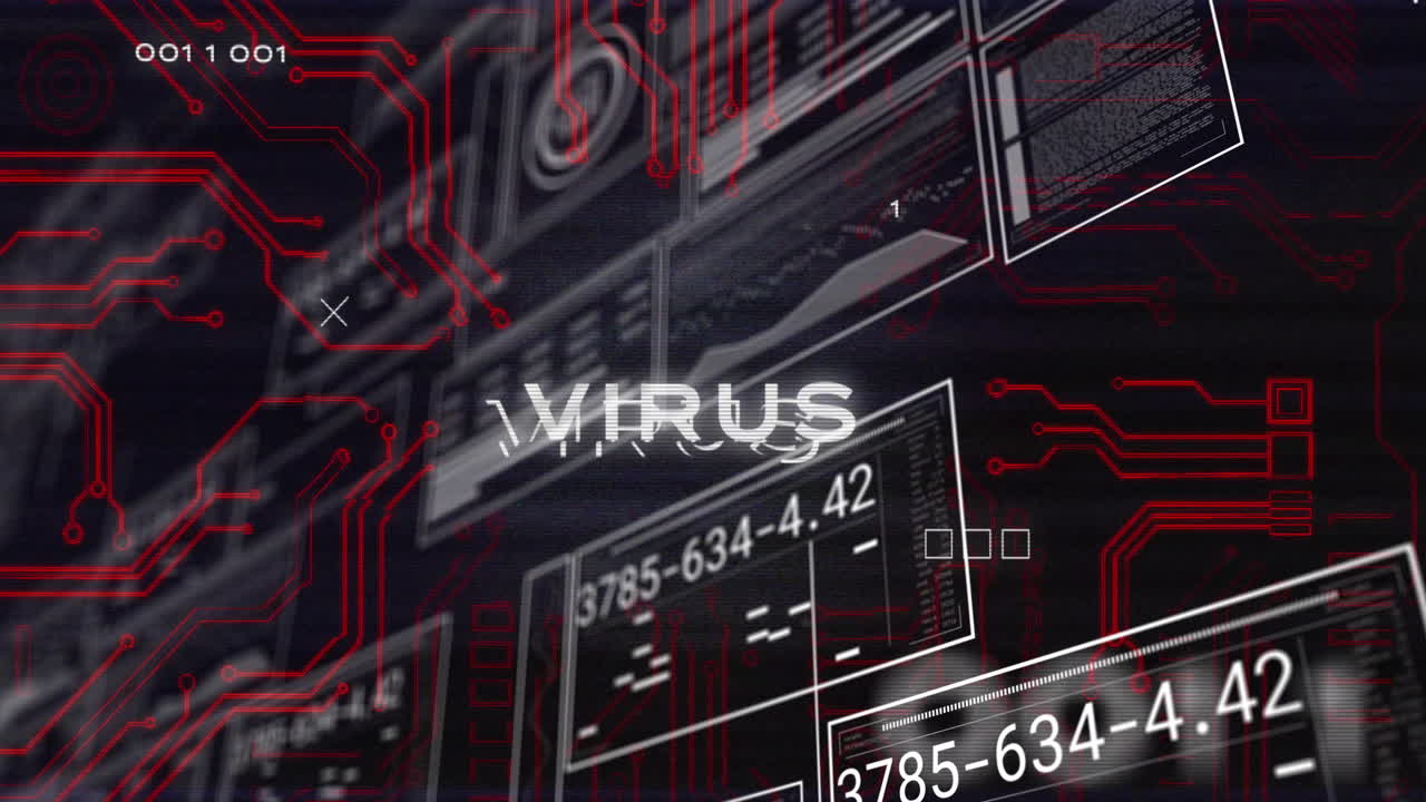 Animation of digital virus warning with red circuitry and data processing graphics