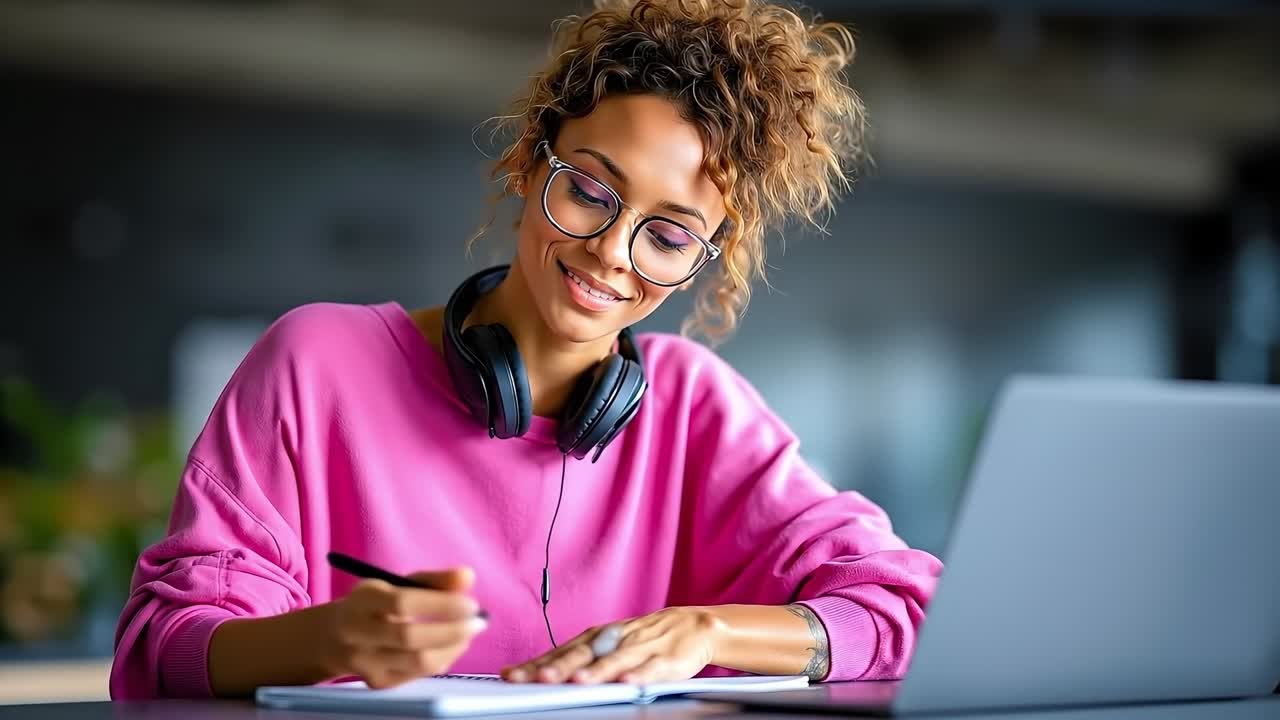 una mujer sentada en una mesa con una computadora portátil y auriculares