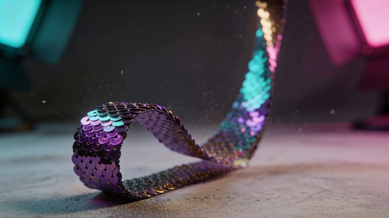 Striscia di paillettes che si srotola sollevandosi da un anello arricciato su un piano testurizzato, con riflessi color ottanio