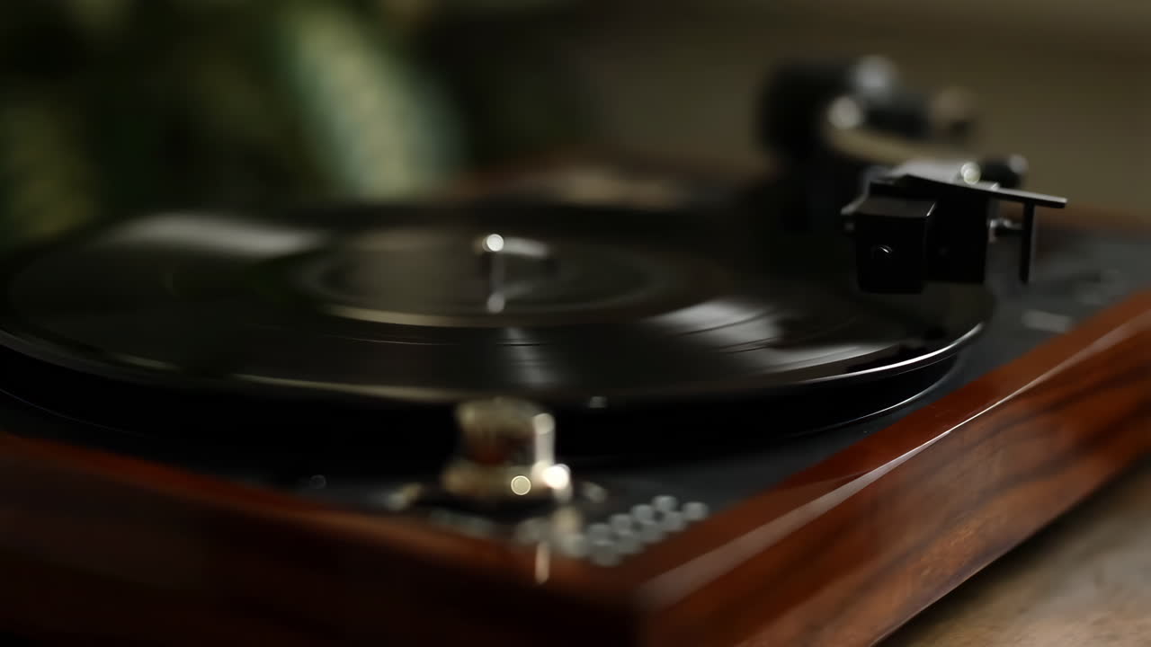 비닐 레코드를 재생하는 턴테이블의 클로즈업
