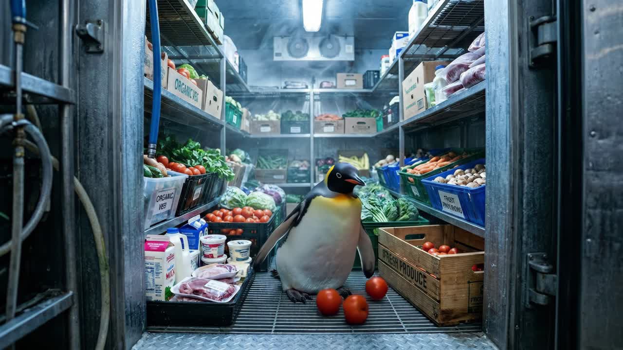 Soğuk Hava Deposunda Taze Ürünler Arasında Saklanan İmparator Penguen