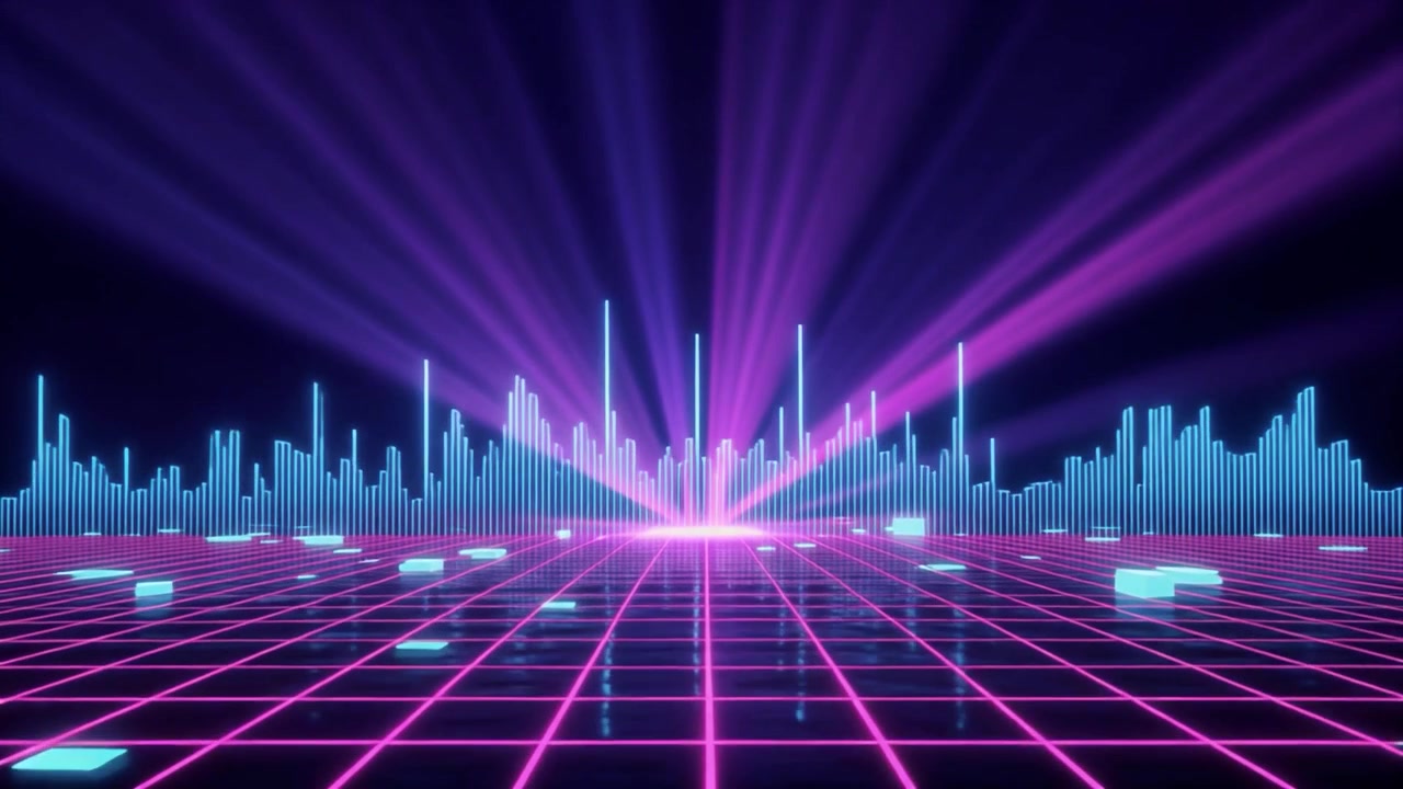 Visualizzatore musicale Retro Synthwave con griglia al neon luminosa e spettro audio