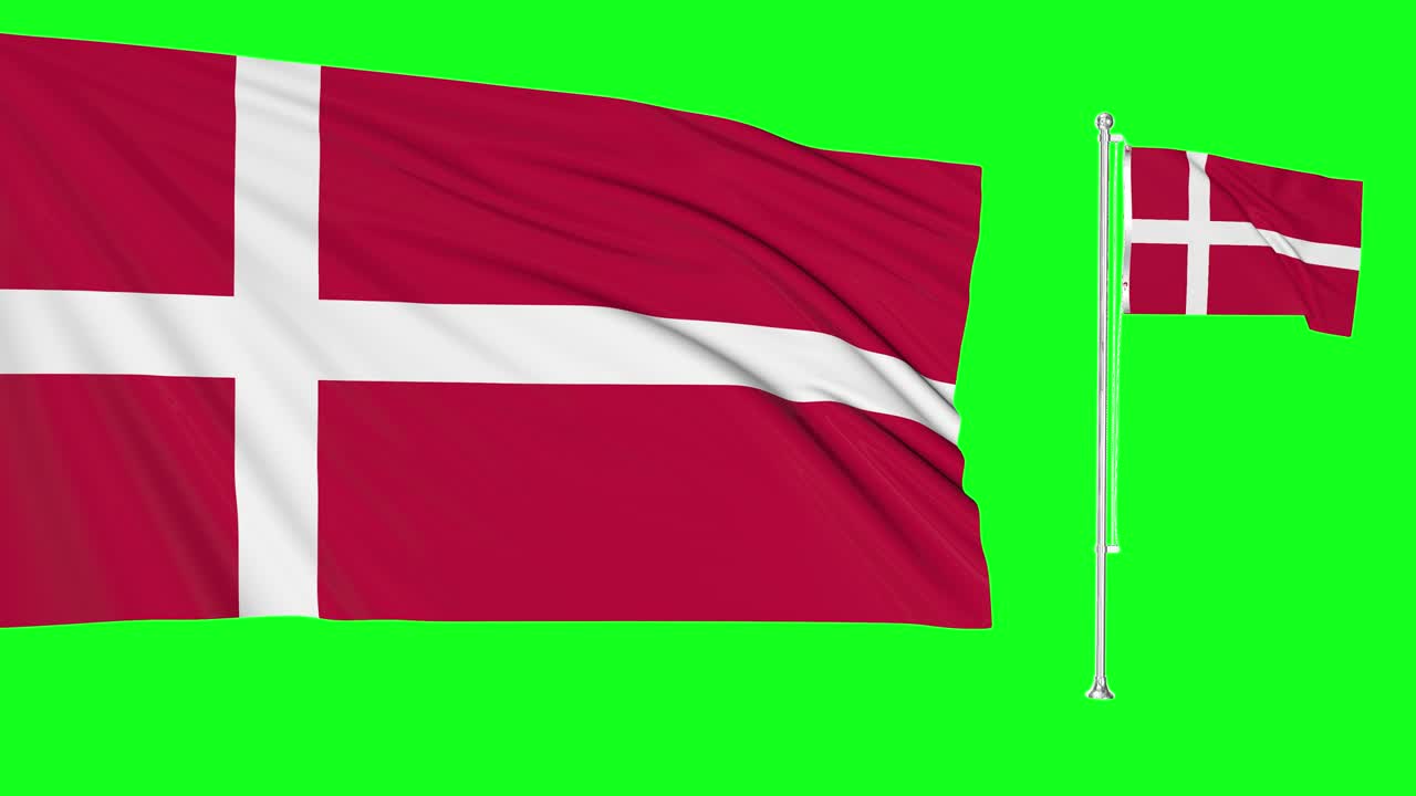 bucle de pantalla verde de dinamarca dos banderas agitando el mástil de la bandera danesa animación 3d clave de croma