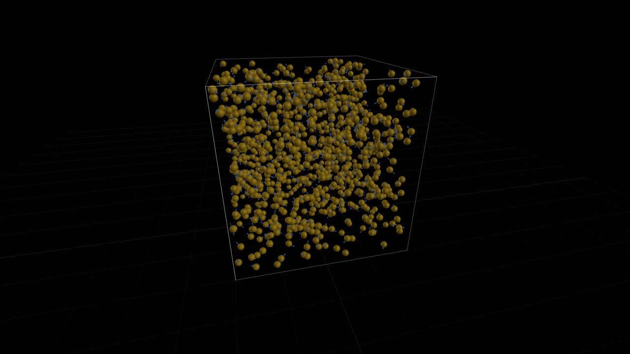 Particelle sferiche gialle si scontrano e si muovono dinamicamente all'interno di un cubo 3D trasparente su sfondo nero.