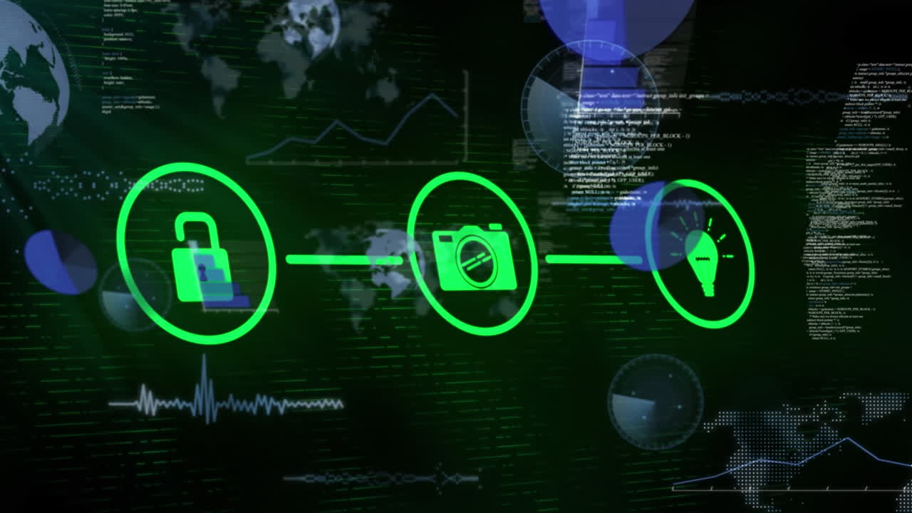animación de una red de iconos digitales y puntos de luz contra el procesamiento de datos estadísticos
