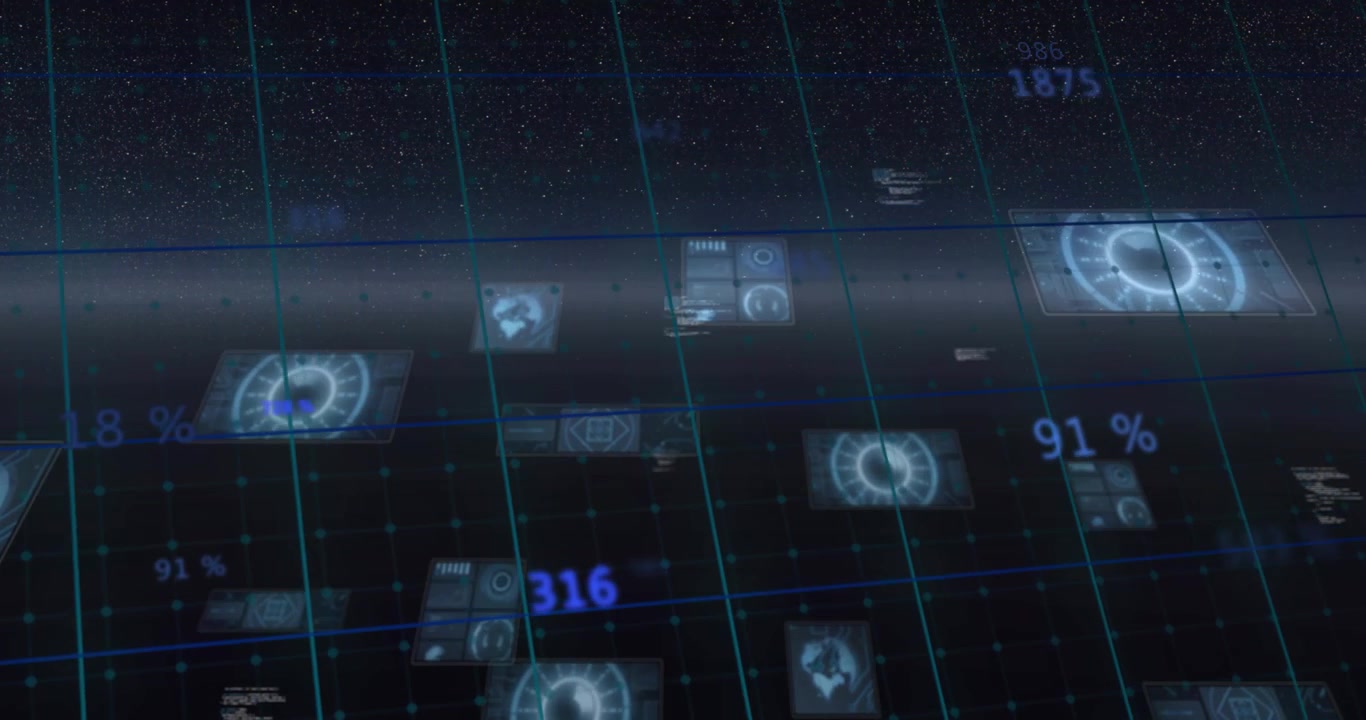 Camera gliding across hologram data grid, revealing panels, dials and numeric labels for analytics