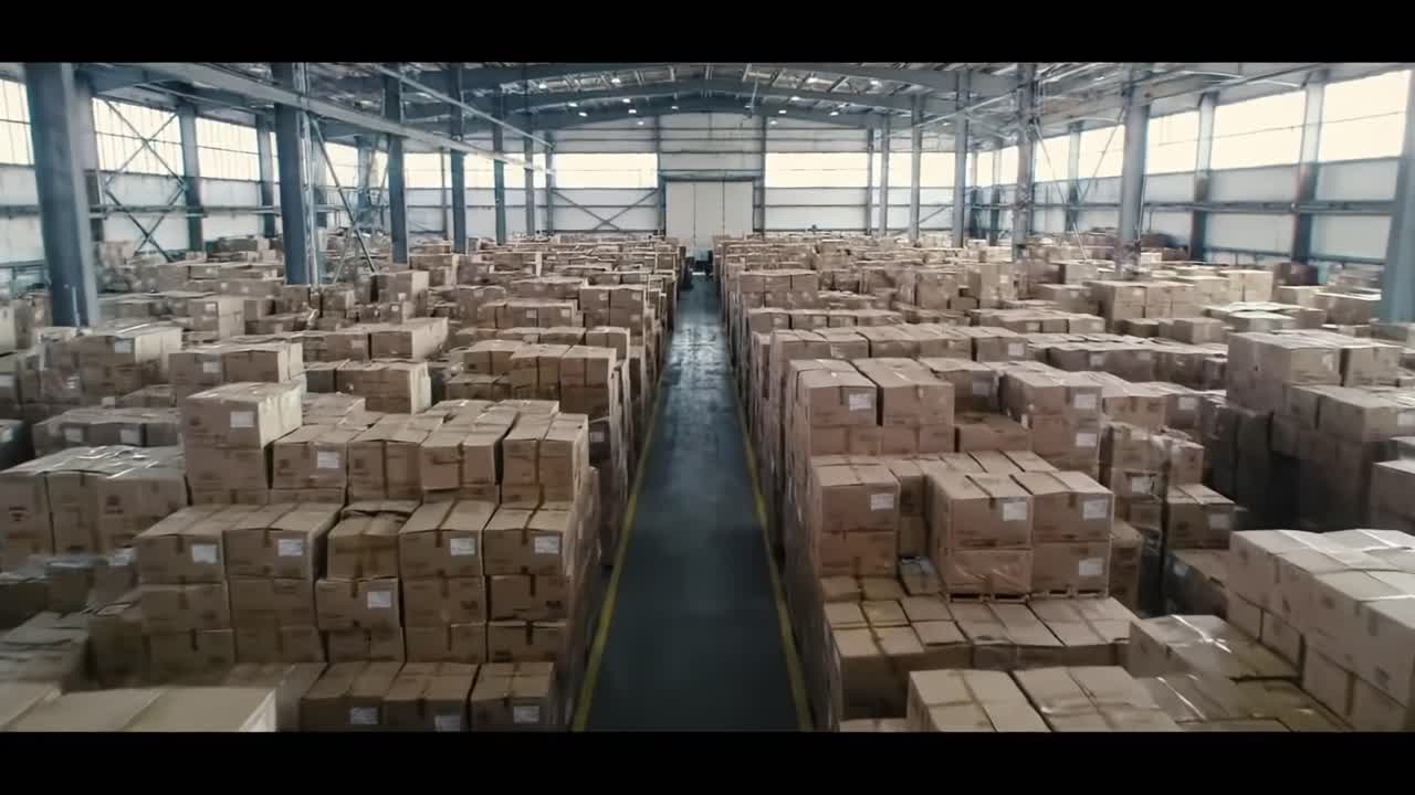 Aerial View of a Large Warehouse Filled with Stacked Boxes and Packages, Highlighting the Scale and Organization of Inventory in a Distribution Center
