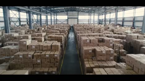 aerial view of a large warehouse filled with stacked boxes and packages, highlighting the scale and organization of inventory in a distribution center