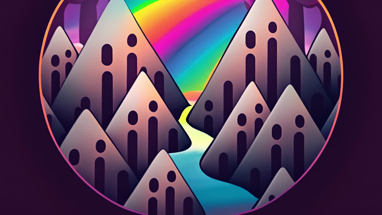 Colorful rainbow and river animation over stylized mountains in circular frame