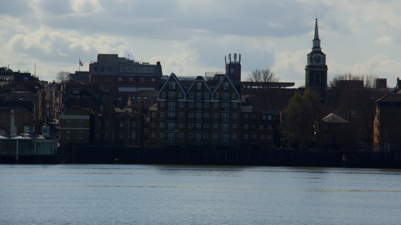 Shot of Gravesend waterfront on the Thames estuary taken from Tilbury