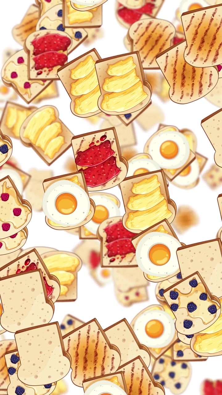 Animazione giocosa e senza interruzioni di dolci da colazione disegnati a mano che cadono a pioggia su uno sfondo bianco brillante.