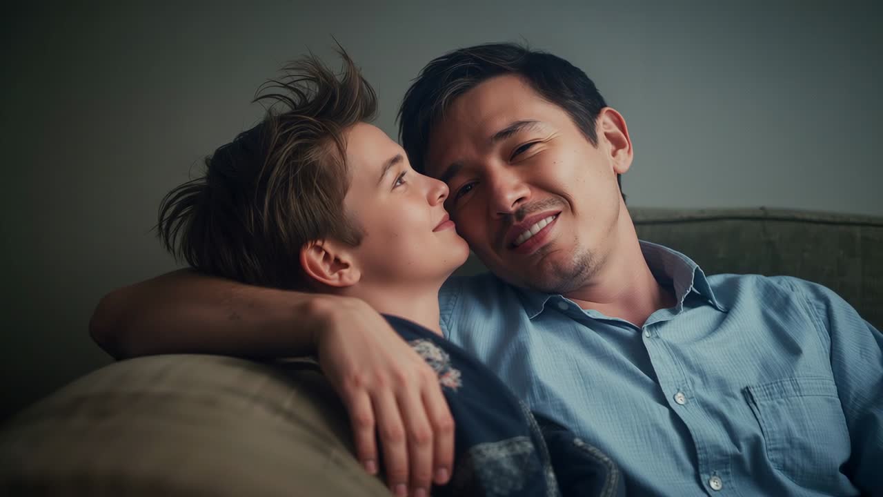 Cuddling couple starting scene by exchanging glances on sofa at home, blue shirt dark jacket