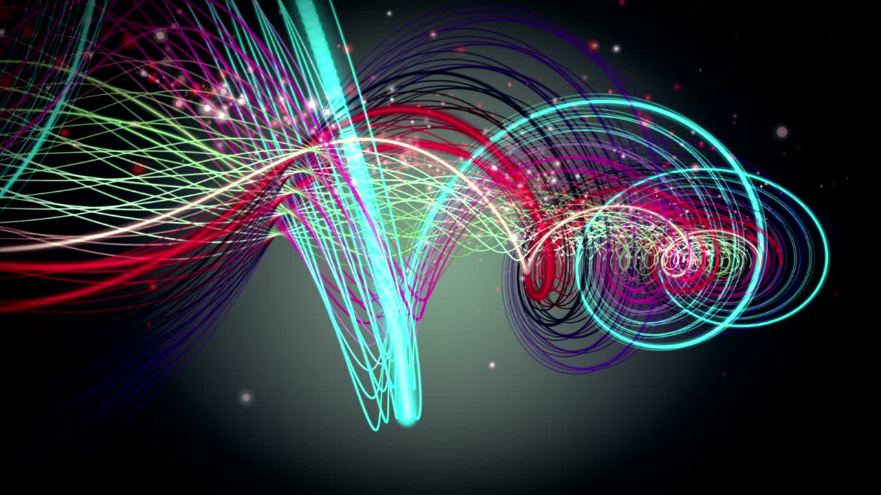 animación futurista con objeto de rayas y partículas brillantes en cámara lenta, 4096x2304 bucle 4k