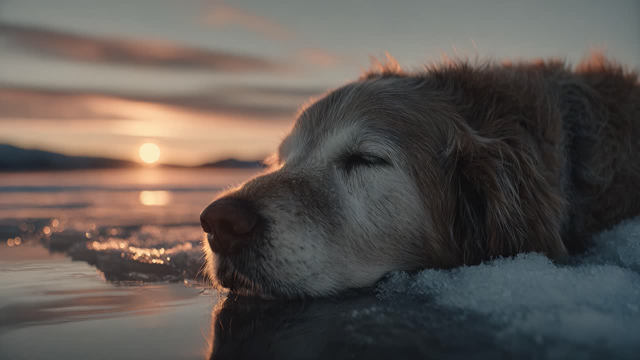 Huzurlu bir Golden Retriever, su kenarında sakin bir gün batımının keyfini çıkarıyor; yansımalar buz üzerinde dalgalanıyor ve gökyüzünde sıcak bir parıltı var.