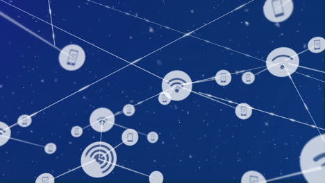 conexiones de red y animación de transferencia de datos sobre fondo azul con partículas