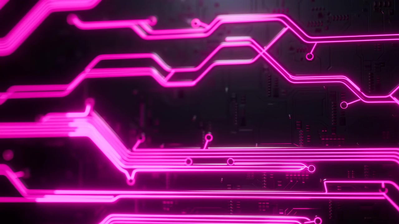Glowing pink circuit lines and nodes spread across a dark abstract background, creating a futuristic digital interface with soft neon light and strong contrast