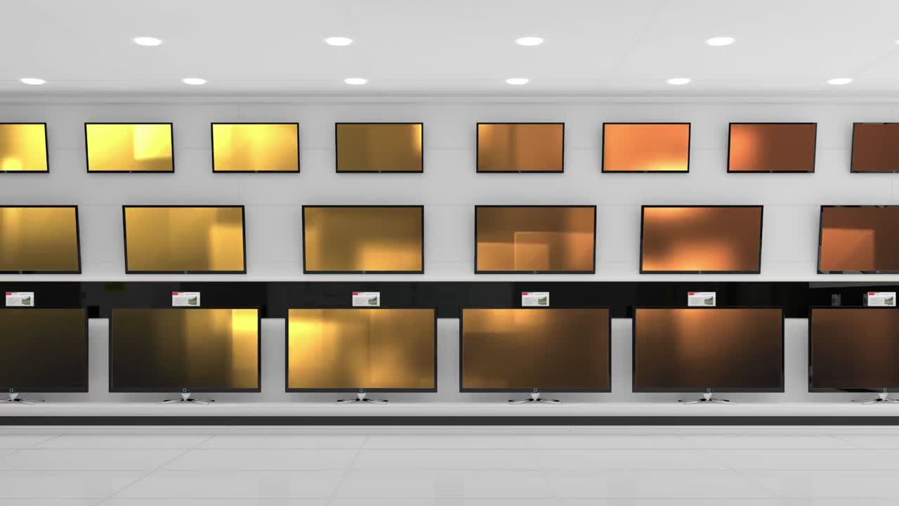 animación de filas de aparatos de televisión con patrón brillante en pantallas naranjas en la tienda