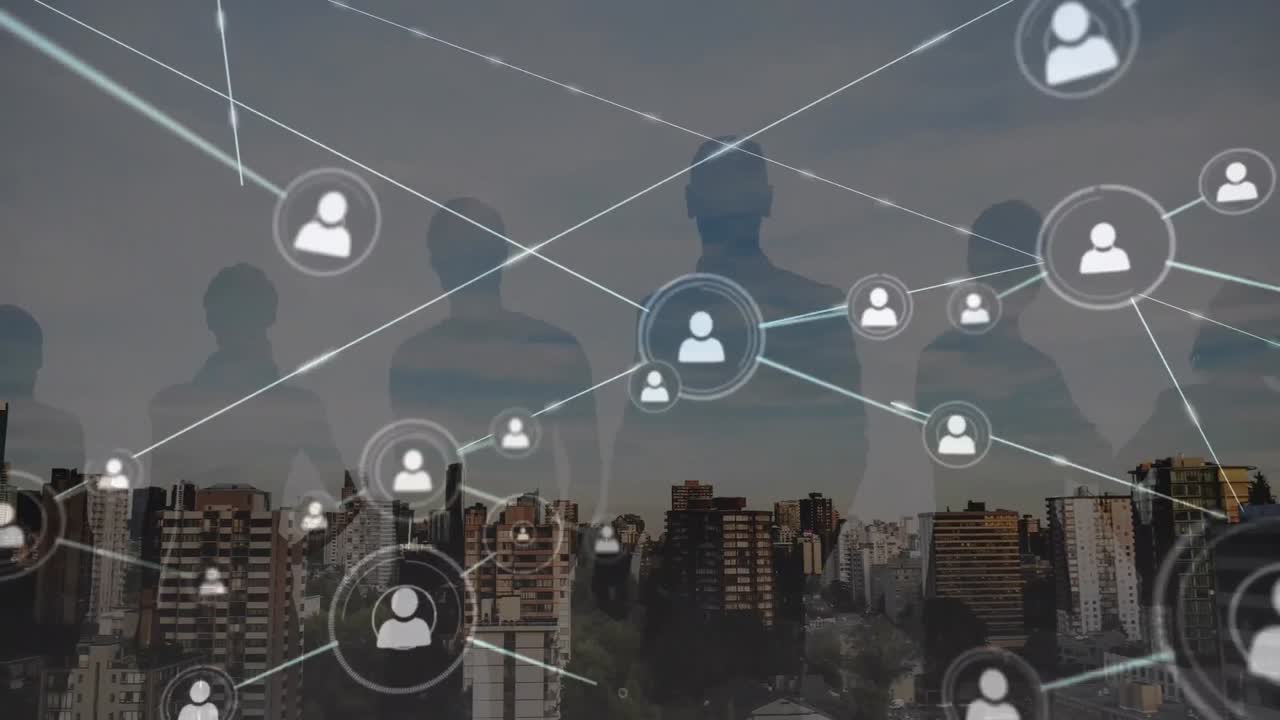 animación de la red de conexiones sobre el paisaje urbano