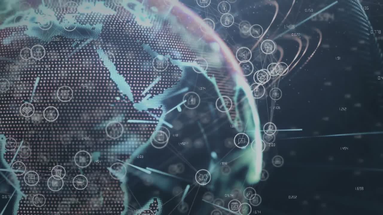 Animation of network of connections and financial statistics over globe on black background