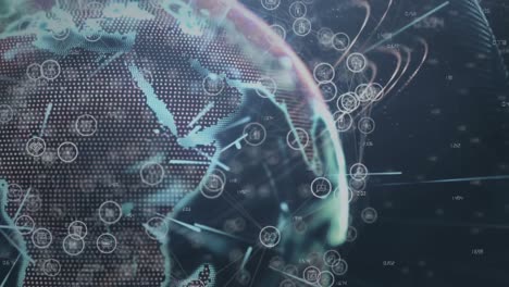animation of network of connections and financial statistics over globe on black background