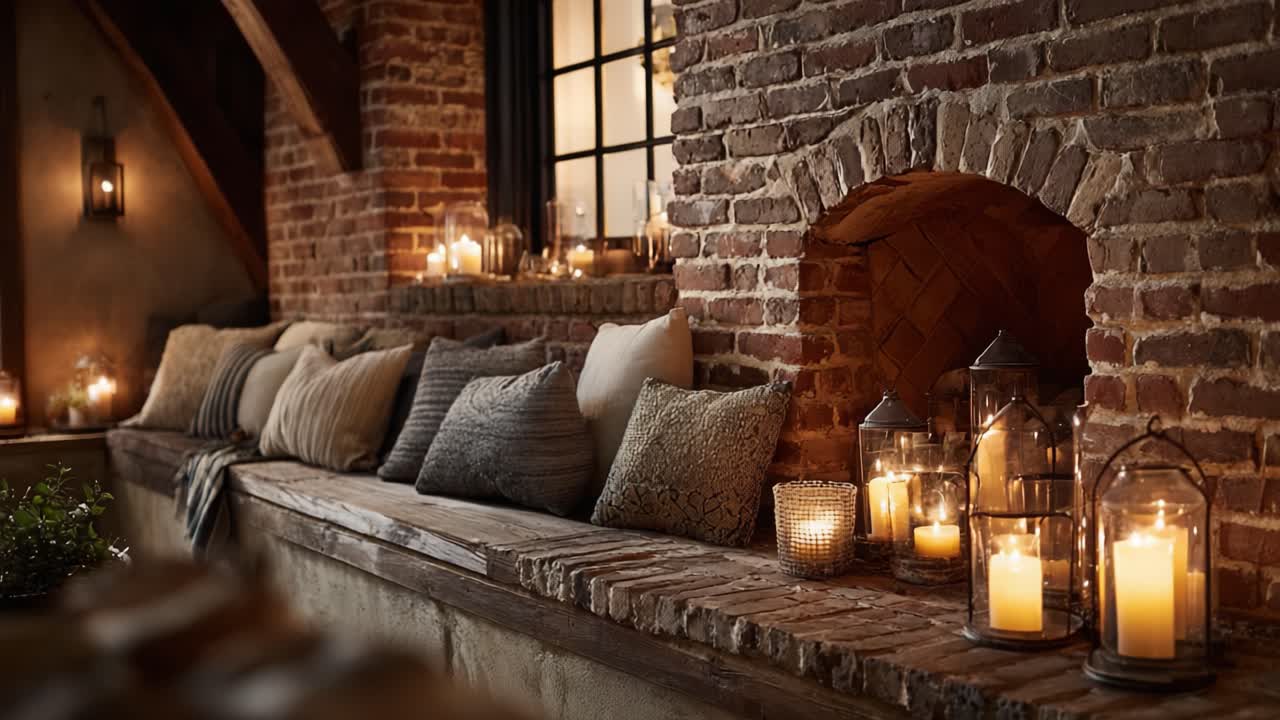 Un focolare accogliente e invitante che espone morbidi cuscini e candele tremolanti, perfetto per creare un'atmosfera calda in qualsiasi spazio abitativo