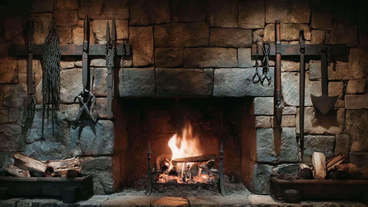 A cozy hearth with a roaring fire, surrounded by rustic tools and stones, creating a warm and inviting atmosphere perfect for gatherings and storytelling