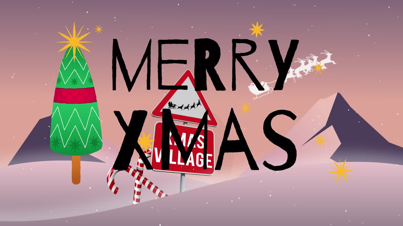 animación de saludos de navidad texto sobre paisaje de invierno con santa claus
