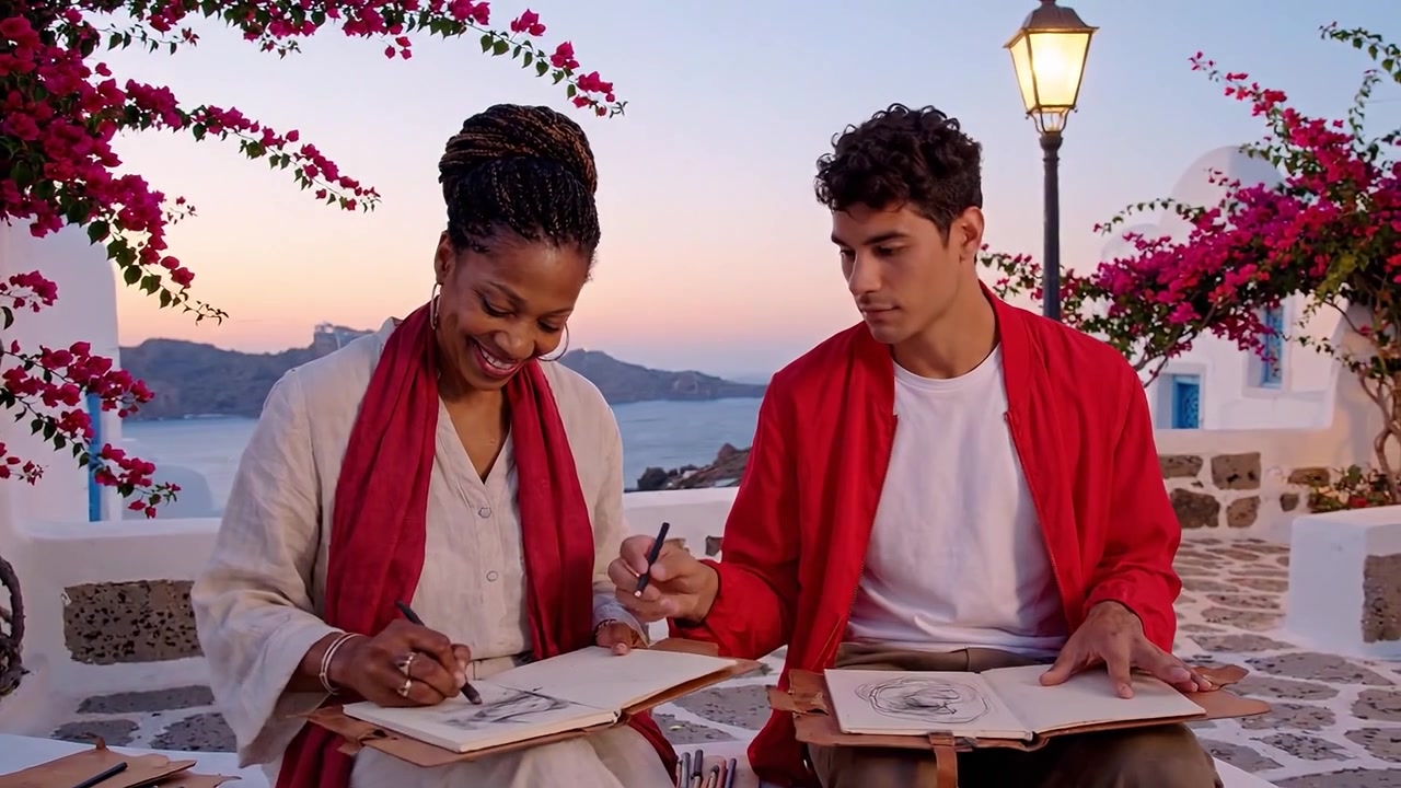 Two Artists Creating Masterpieces as the Sun Sets over a Serene Coastal Village, Surrounded by Vibrant Bougainvillea and the Glow of Warm Street Lamps