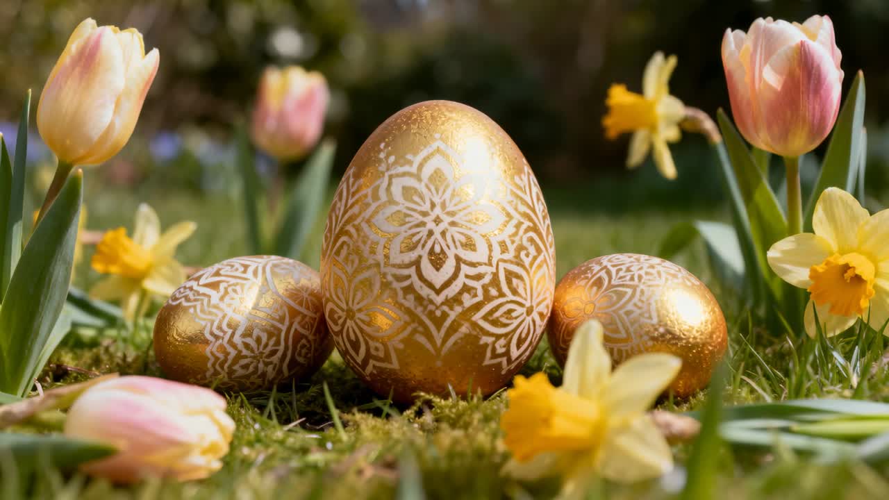 Glinting golden eggs catching sun while camera pulling back, revealing moss and tulips
