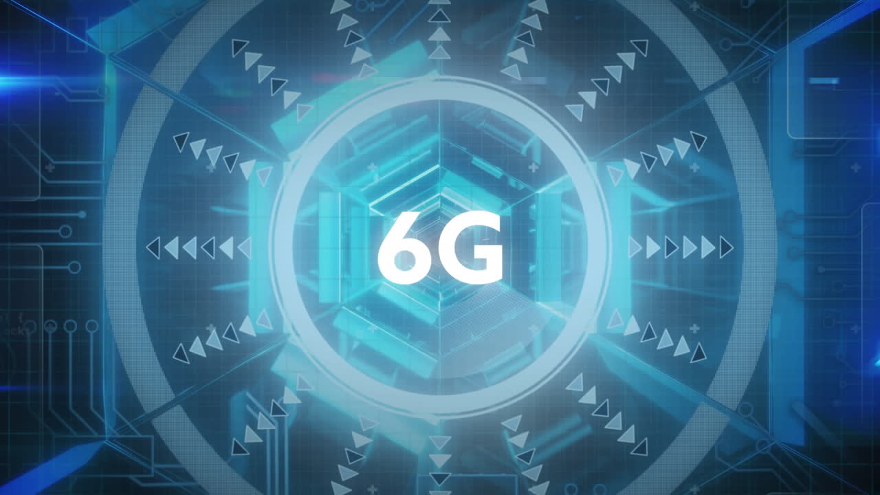 animación de texto de 6 g sobre escaneo de alcance y placa de circuito de computadora