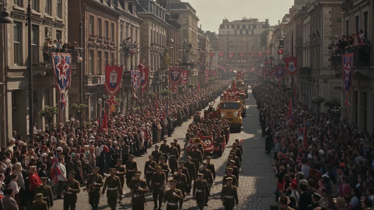 A Spectacular Military Parade Capturing the Spirit of Unity and Tradition, with Colorful Banners and Enthusiastic Crowds Lining the Streets in Celebration