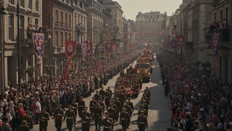 a spectacular military parade capturing the spirit of unity and tradition, with colorful banners and enthusiastic crowds lining the streets in celebration
