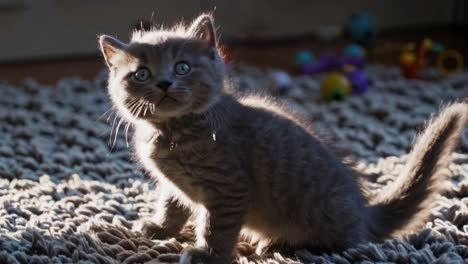 A playful kitten on a textured rug, captured in a low-angle shot with warm sunlight streaming
