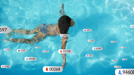 animation of social media notifications over biracial woman swimming in sunny pool