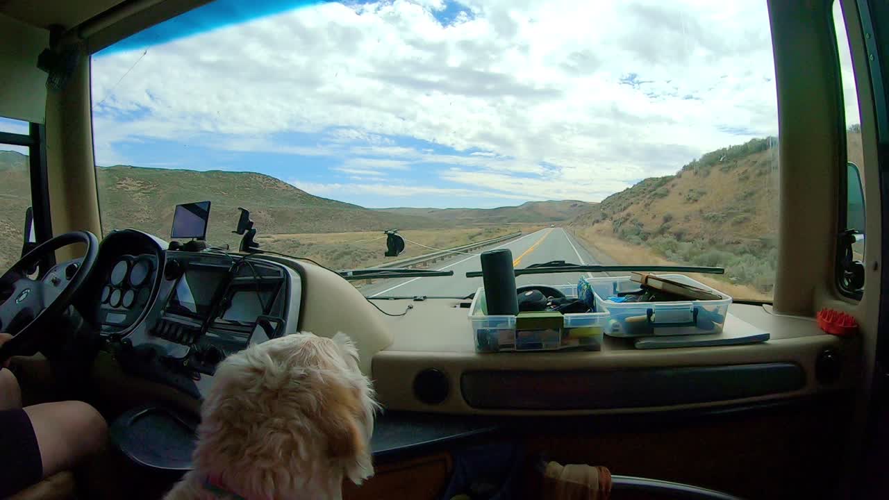 래브라두들 개가 전경에 있는 워싱턴 주 북부 중앙의 오카노건 고원을 운전하는 동안 대형 레저용 차량에 탑승한 승객의 관점