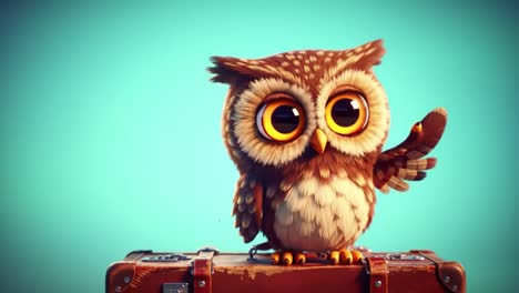 animated owl character waving on an old suitcase against a bright background, evoking joy and whimsy perfect for children's entertainment and adventure themes