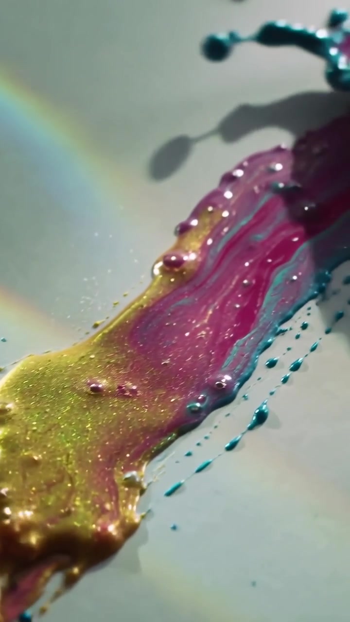 Video verticale: Gocce di vernice che cadono formando un nastro oro, rosa e turchese su un foglio bianco per arte.