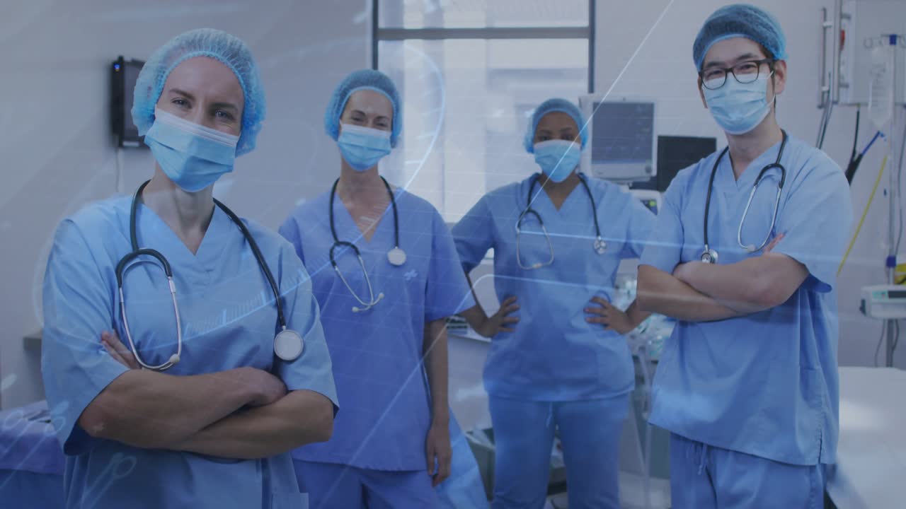Equipo médico de pie en quirófano, con uniformes quirúrgicos y mascarillas, mientras un triángulo se desliza por la pantalla, causando transiciones para la cirugía.