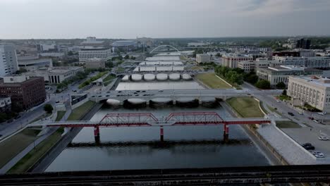 bridges over des moines river in des moines, iowa with drone video moving up