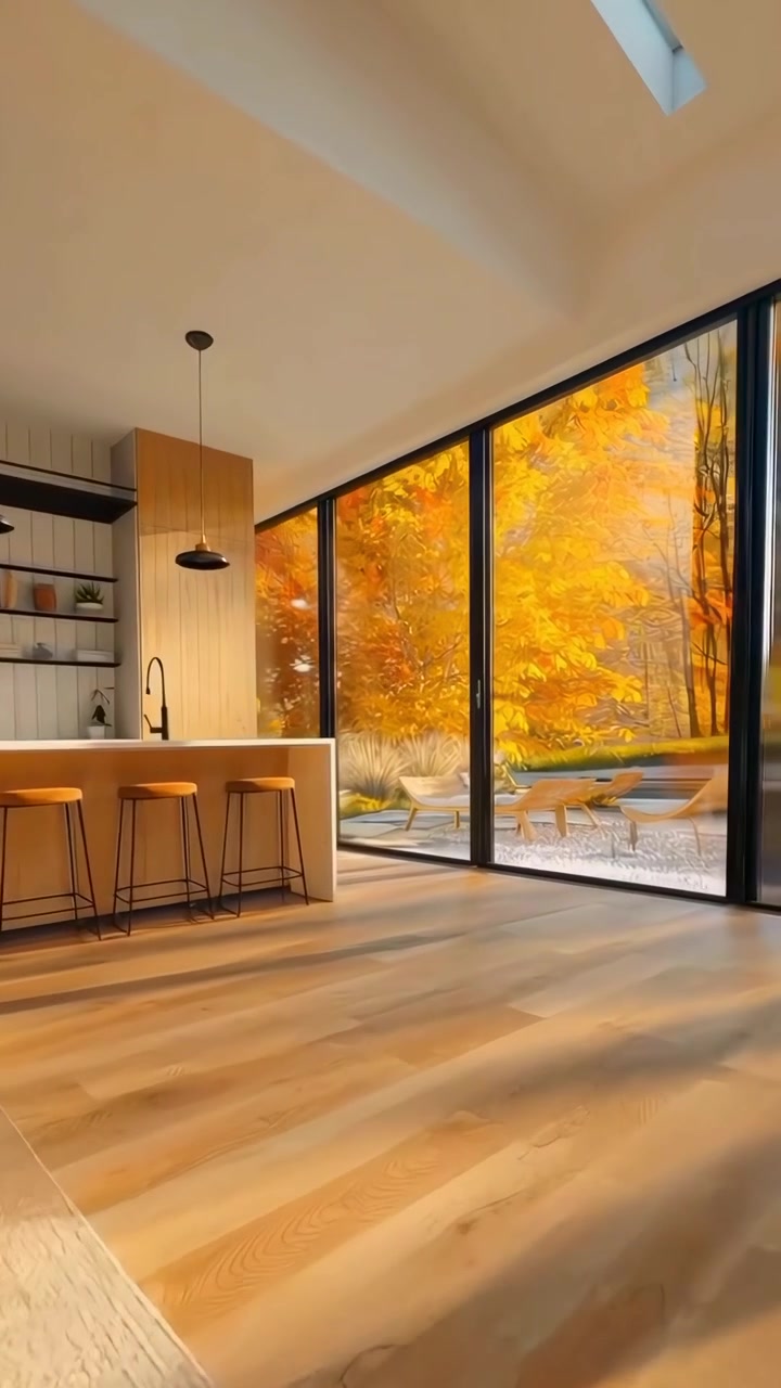 Modern Living Room with Panoramic View of Autumn Forest