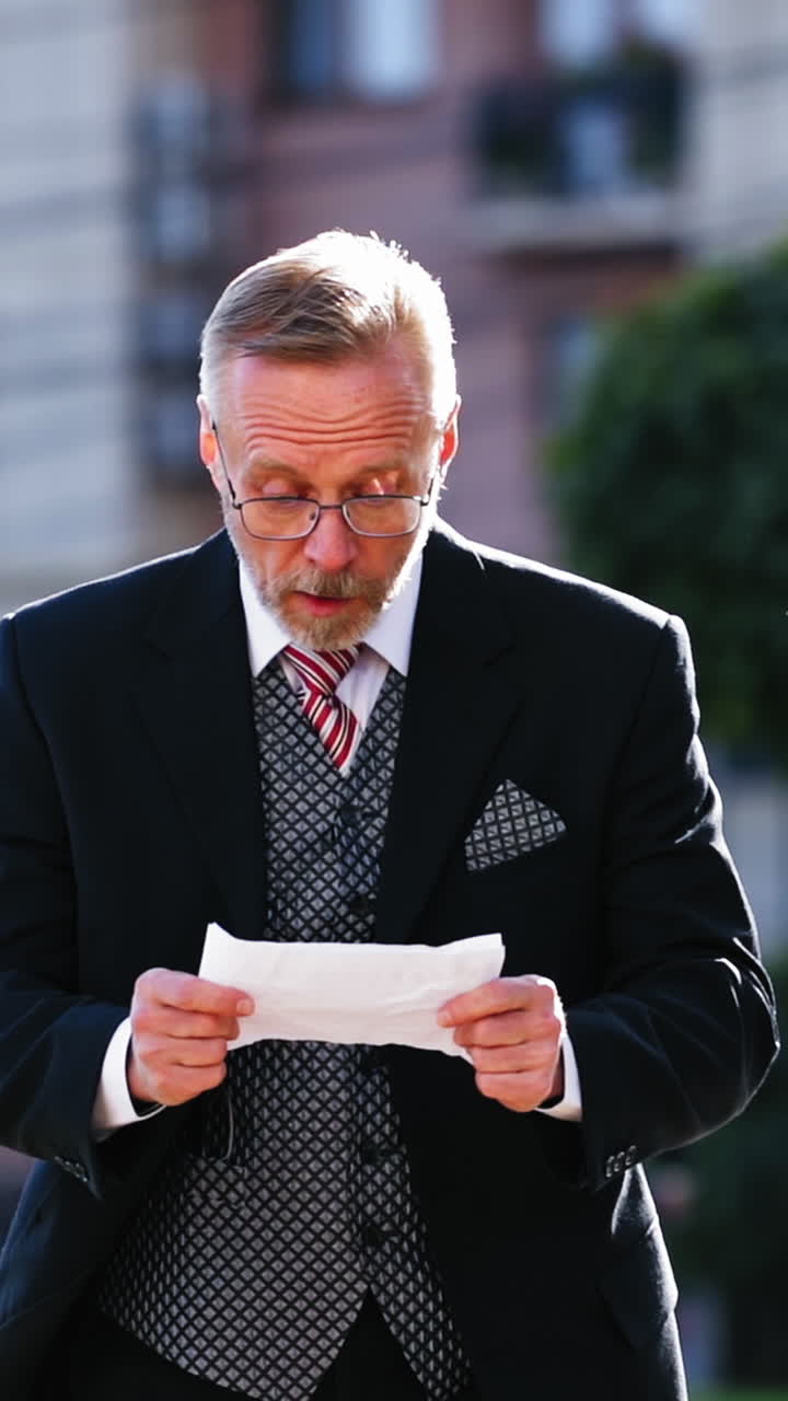 Close-up portrait of a senior man reading paper outdoors. Mature businessman with beard and glasses becomes happy after reading successful information. Slow motion. Vertical video
