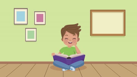 niño pequeño leyendo un libro en la habitación animación