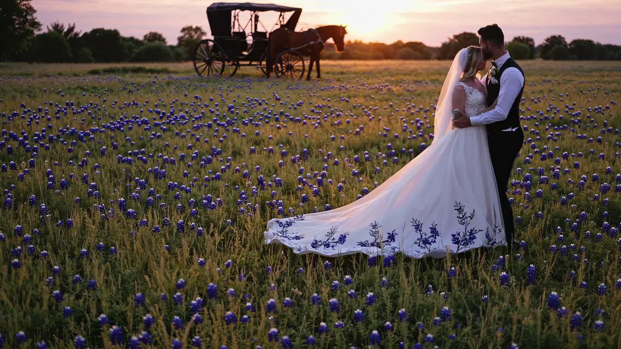 Romantisk landbryllup på en mark med bluebonnets ved solnedgang