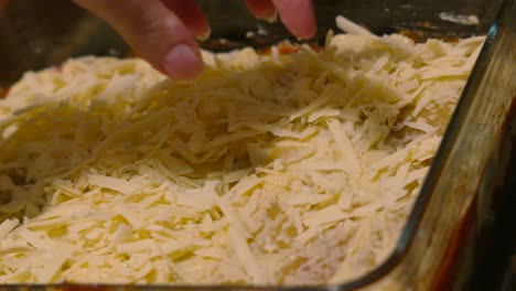 cooking a delicious lasagna: adding the final cheese topping