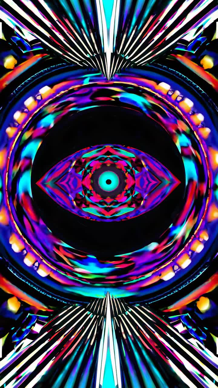 A vibrant, kaleidoscopic video image with a symmetrical design