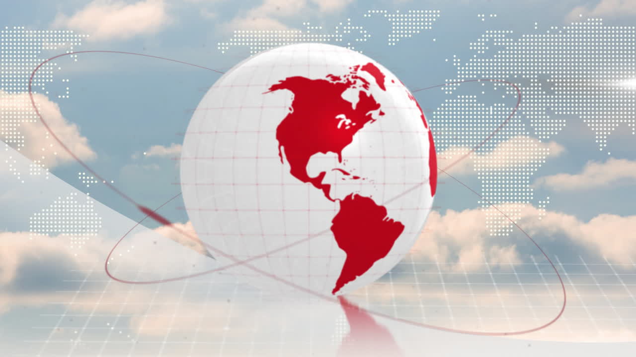 Rotating globe with red lines in animation against cloudy sky background