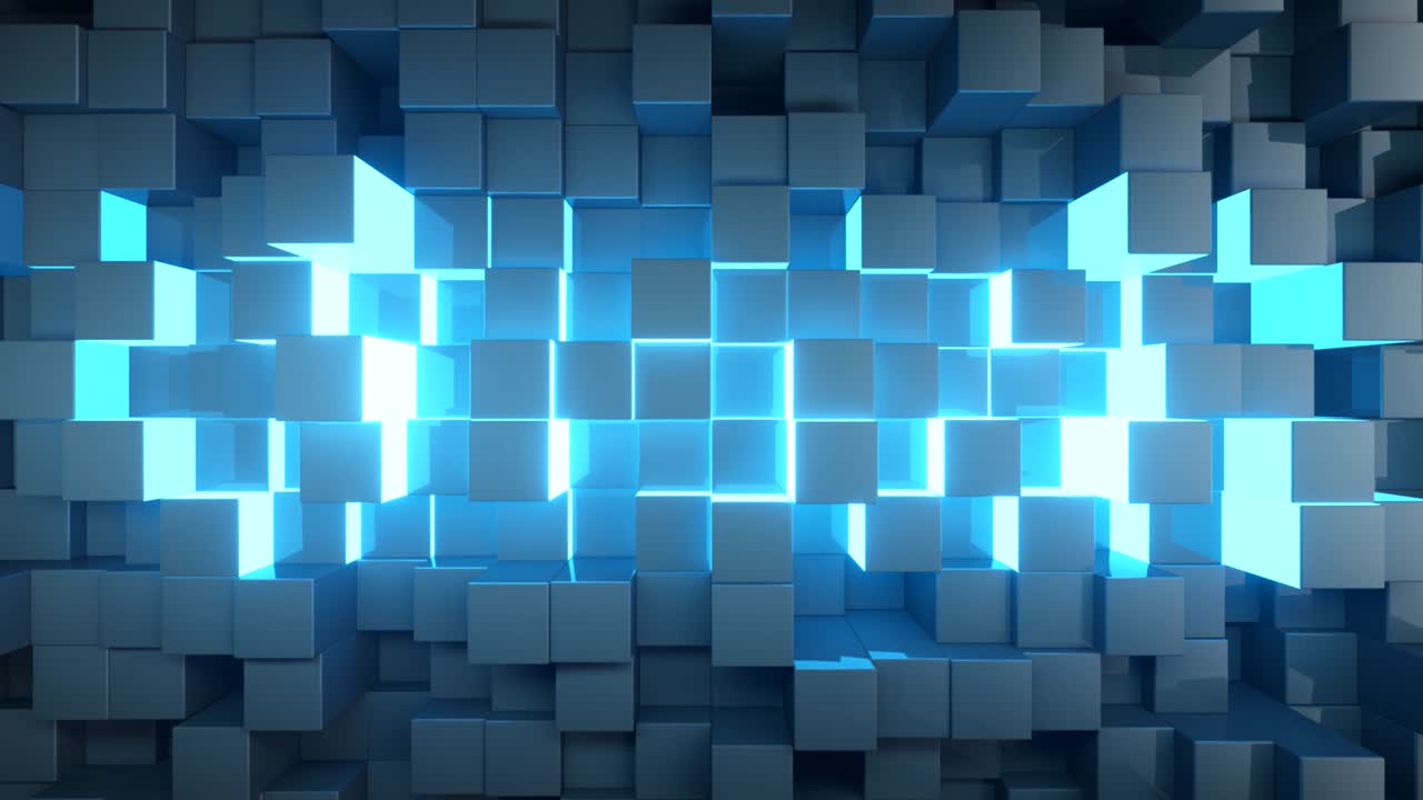 fondo de tecnología abstracta para presentaciones de negocios. cubos que se mueven al azar. brillo de neón brillante en el medio. bucle sin costuras 3d render