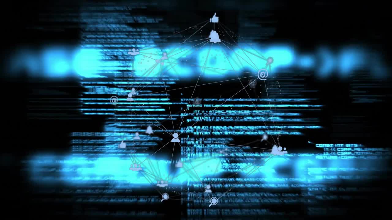 Blue code bands intensifying glow animating network rotation, reshaping links, showing data flow